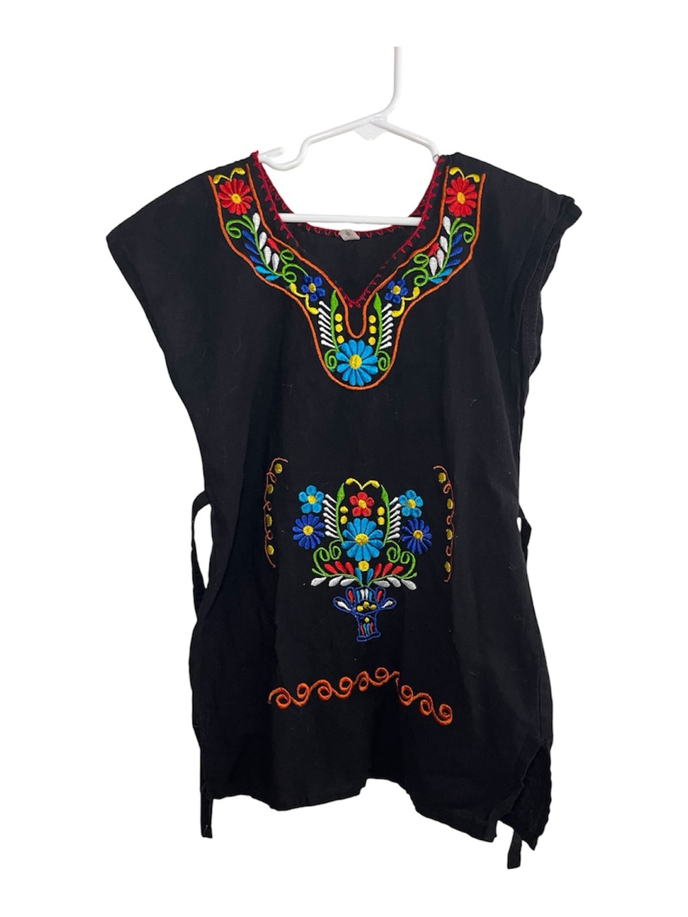 MEXICANA Black Kids Tunic with Colorful Floral Embroidery